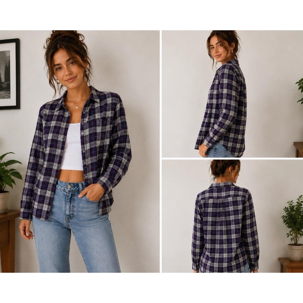 American Eagle Women's M Plaid Flannel Button Up Shirt Purple Gray Soft Cozycore